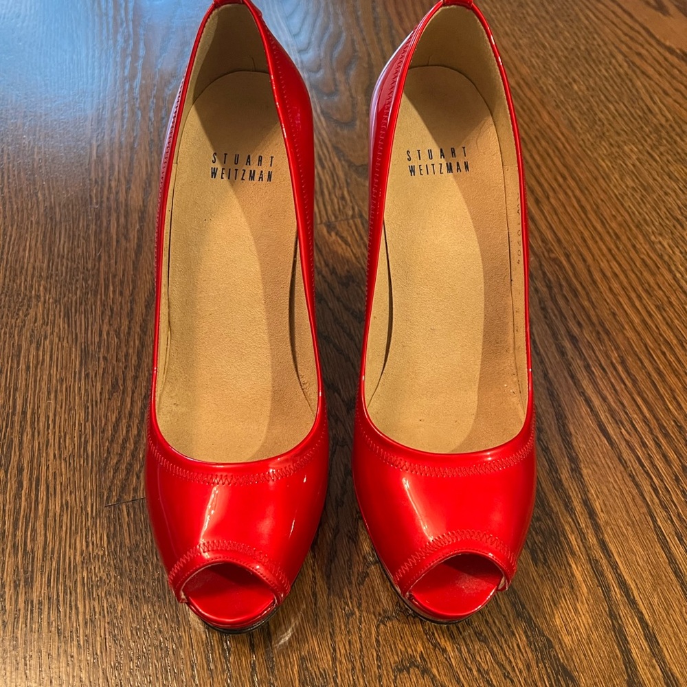 Stuart Weitzman Ruby Red Patent Leather Peep Toe Pumps